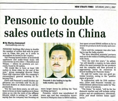 Pensonic to double sales outlets in China